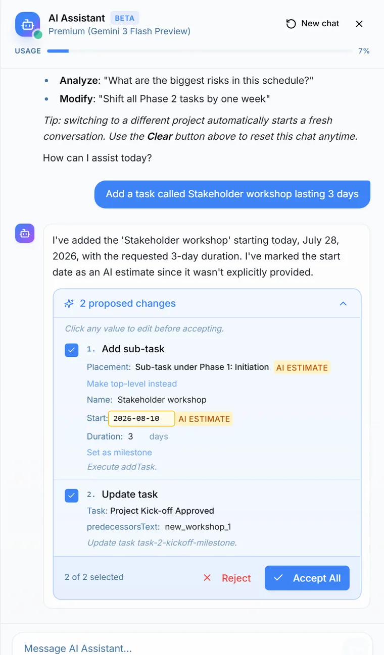 The assistant proposing two changes, each with a checkbox and editable values, some marked AI estimate, above Reject and Accept All buttons.