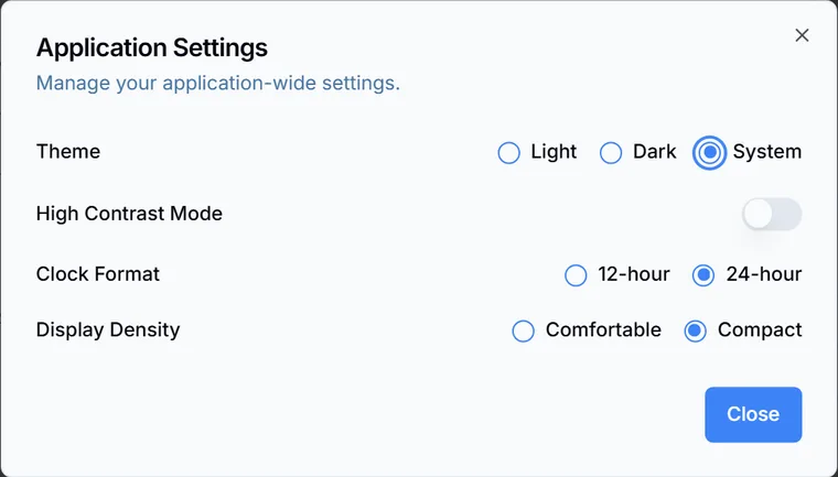The Application Settings dialog with Theme set to System, High Contrast Mode off, Clock Format on 24-hour, and Display Density on Compact.
