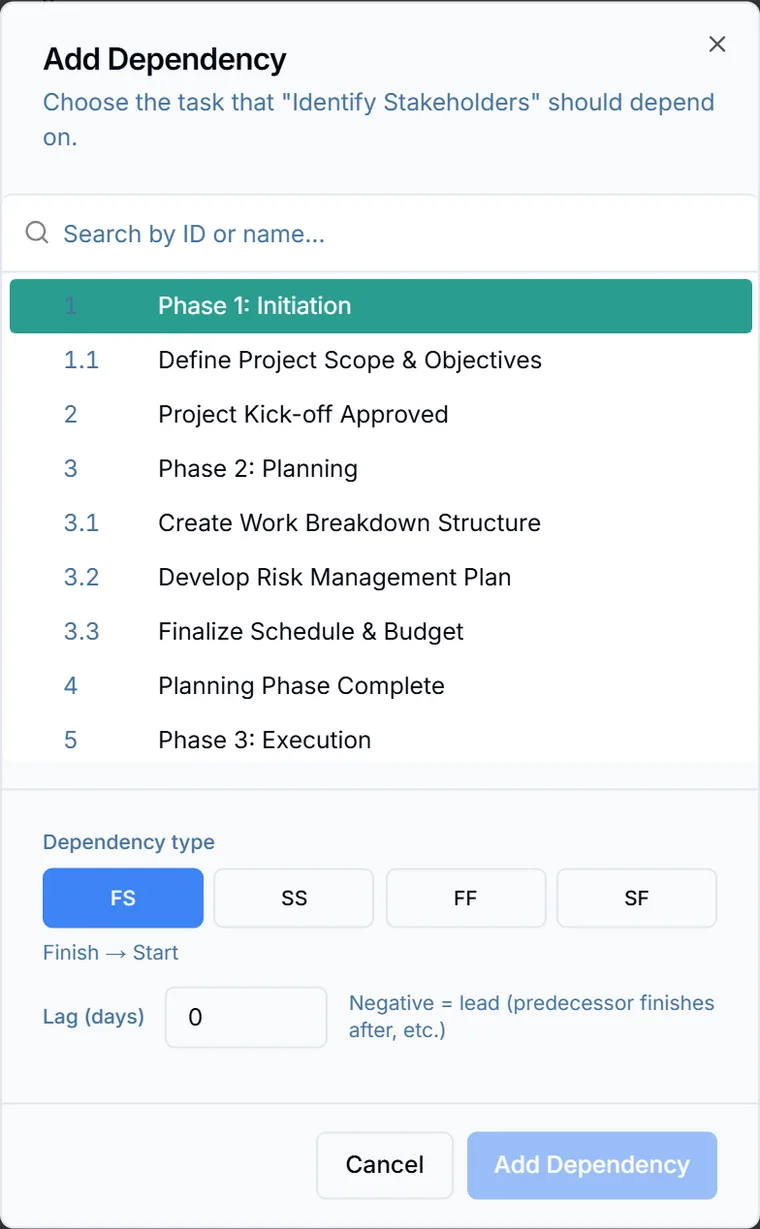The Add Dependency dialog listing the project's other tasks to pick a predecessor from.