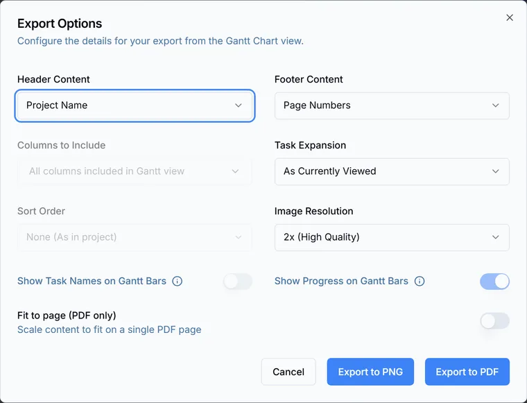 The Export Options dialog with header and footer choices, task expansion, image resolution set to 2x, two switches for what shows on the bars, and separate Export to PNG and Export to PDF buttons.