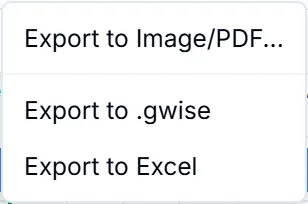The Export menu listing Export to Image/PDF, Export to .gwise and Export to Excel, with a rocket icon beside the two that need a paid plan.