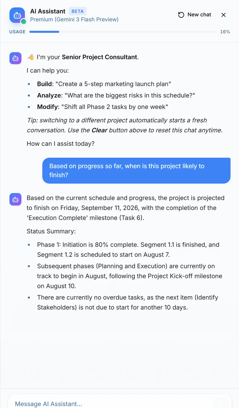 The AI assistant answering a question about when the project is likely to finish, with its reasoning shown beneath.