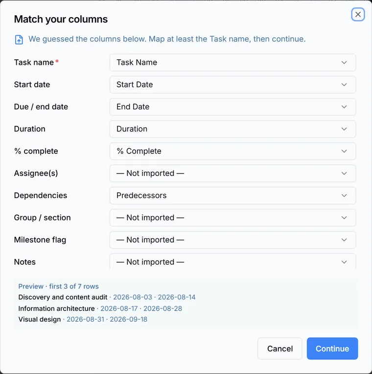 The import wizard's Match your columns step, with each Ganttastic field mapped to a column from the uploaded file and a preview of the first three rows.