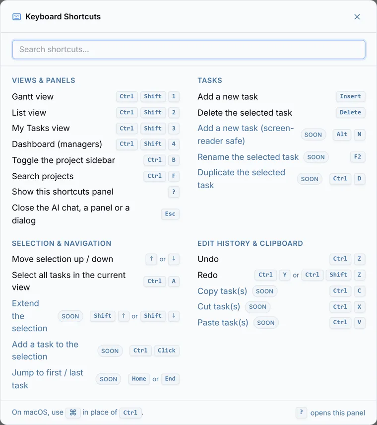 The Keyboard Shortcuts overlay, grouped into sections such as Views and Panels, listing each action beside its key combination.