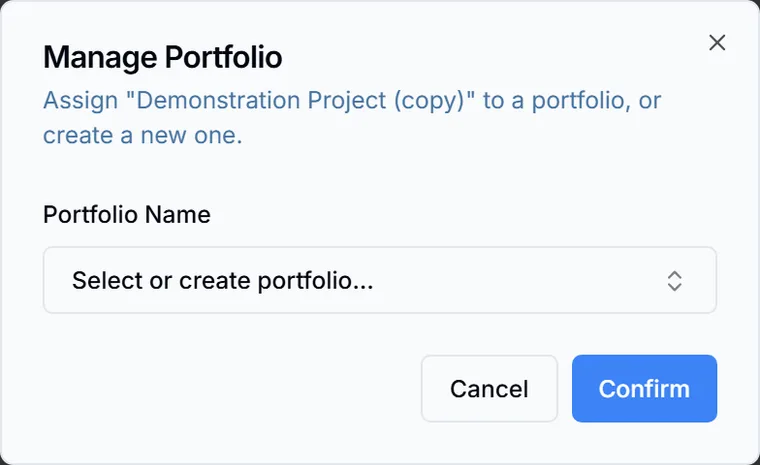 The Manage Portfolio dialog for a single project, with a box to choose an existing portfolio or create a new one.