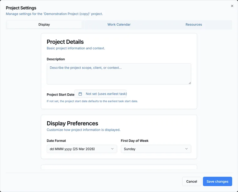 The Project Settings dialog open on its Display tab, with tabs for Display, Work Calendar and Resources.