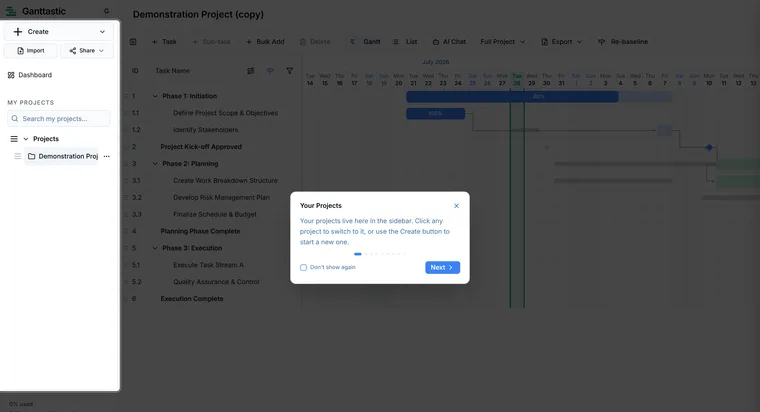 The Quick Tour running over the app, with a highlighted area of the interface and a step card explaining what it does.