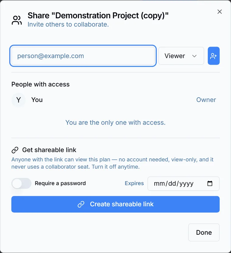 The Share dialog with a field to invite someone by email and pick their role, a list of people with access, and a Get shareable link section with a password toggle and an expiry date.