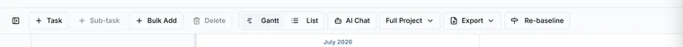 The Ganttastic top toolbar with buttons for Task, Sub-task, Bulk Add, Delete, a Gantt and List view switcher, AI Chat, the timeline range selector, Export, and Set Baseline.