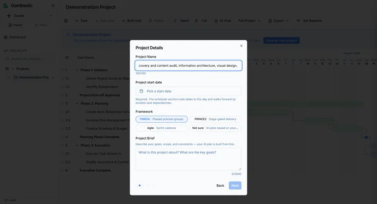 The wizard's Project Details step asking for a project name, a start date, one of four framework choices (PMBOK, PRINCE2, Agile or Not sure), and a project brief.